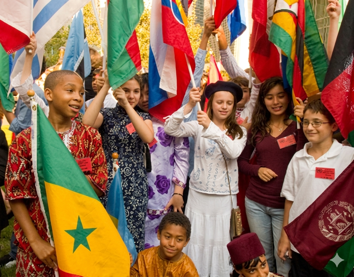 Children from around the world holding international flags